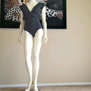 One Piece Black with White Polka Dots Swimsuit
